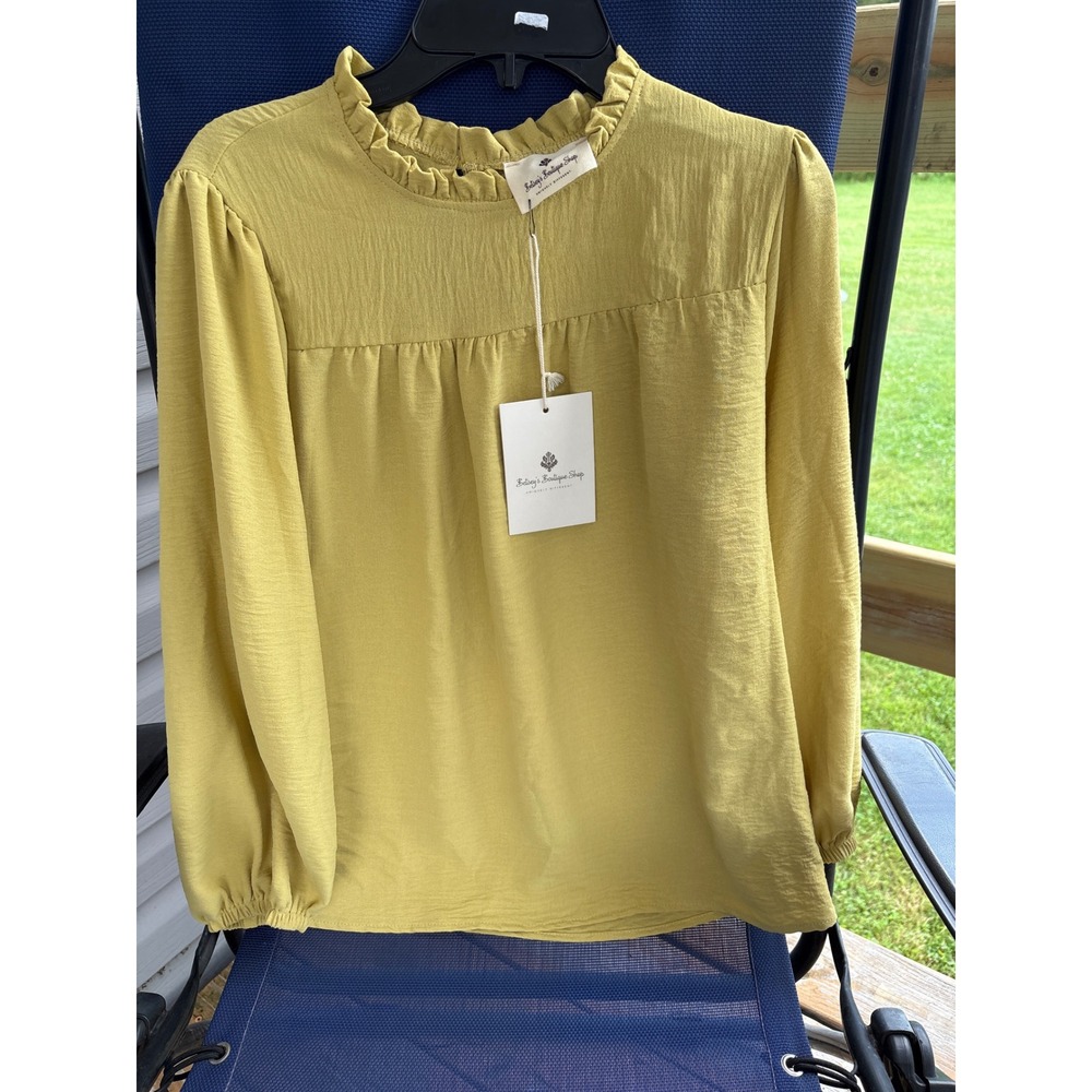 Les Amis Womens Mustard Yellow Ruffle Mock Neck Babydoll Blouse NWT T1073-BE S